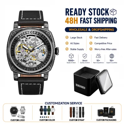PINTIME 2346 Stylish Business Waterproof Luminous Skeleton Leather Mechanical Luxury Male Wristwatch New Design Vintage