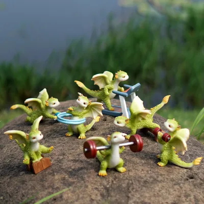 Cute Dinosaur Decor Dumbbell Dragon Scene Figurine Resin Miniature Fairy Sport Dragon Desktop Garden Decor Gift