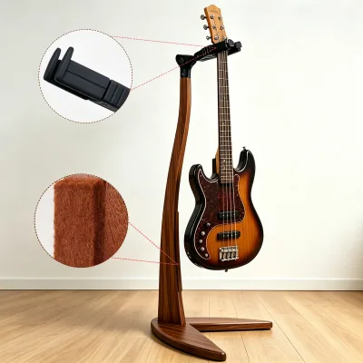 OEM Custom Black Walnut Wooden Guitar Stand Auto Lock Mermaid Tail Design Floor Display Holder for Guitar & Cello