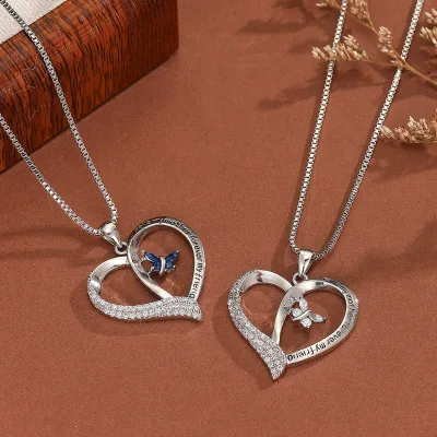 European American Fashionable Heart-Shape Pendant Necklace with Butterfly and Diamond-Incised Zircon Festival Gift