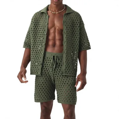 Mens Spring/Summer Casual Sports Two-Piece Knitted Bamboo Fiber Shirt Shorts Set for Bestseller for Europe & America