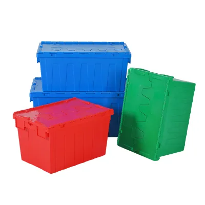 HDPE Plastic Nestable Turnover Box With Integrated Hinged Lid Warehouse Distribution Shipping Container