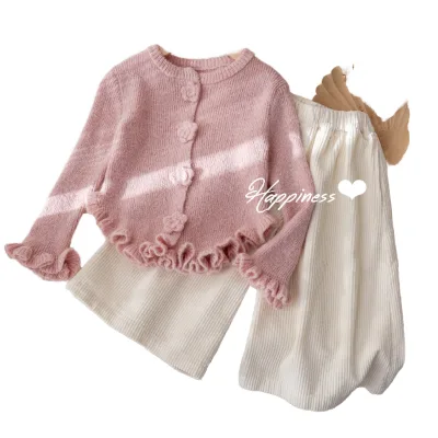 Girls' Set, Solid Color Sweater, Gentle Lace Knit Cardigan, Spring and Autumn New Style, Simple Straight Leg Casual Pants