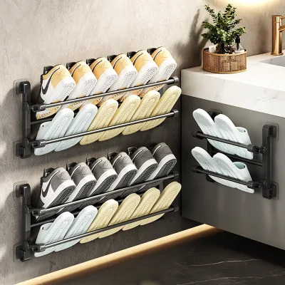 Modern Non-drilling Wall-mounted Foldable Multi-functional Bathroom Shoe Rack with for Slippers Storage