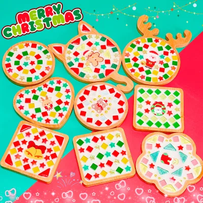 WOWEI Christmas Coaster Kit Glass Tiles Rainbow Style | DIY Craft Adults Bamboo Base Mixed Color Tiles Hand-painted Multicolor