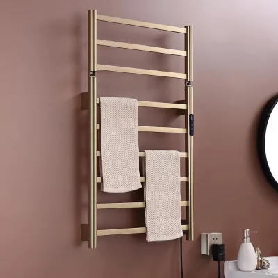 Factory Price 9 Brushed Gold Bar Wall Mounted Waterproof Electric Heated Towel Heater Rail Bracket Towel Warmer With Shelf