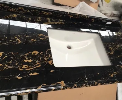 2025 Factory Price Modern Black Artificial Marble Vanity Top Kitchen Countertop Table Top with Golden Veins for Dining Room Use