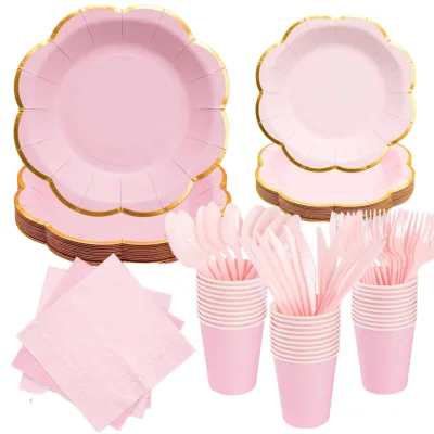Disposable Tableware - Gold-embossed Paper Cups Dessert Paper Plates Plates Bowls Party Knives and Forks Cups