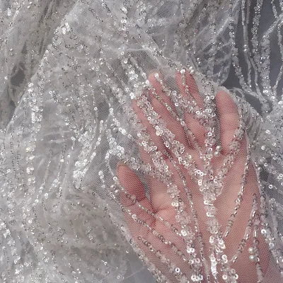 Bridal Lace Fabric Stripes Luxury Beaded Sequin Wedding Dress Garment 3D 100% Polyester Advanced Custom-made Sewing Fabric