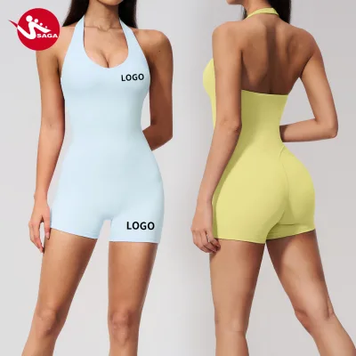 Customized Manufacturer Low MOQ Sexy Women Halter V-Neck Backless Slim Fit Jumpsuits Fitness yoga set