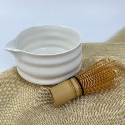 Traditional Matcha Tea Bowl with Pour Spout - Hand Made Porcelain with White Matte Glaze - 18oz for Perfectly Whisked Matcha
