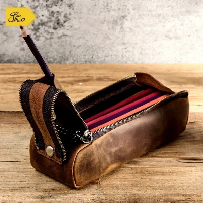 Custom Top Grade Leather Pencil Box Zipper Pen Storage Bag Hand Crafted Fountain Pen Case Office Use