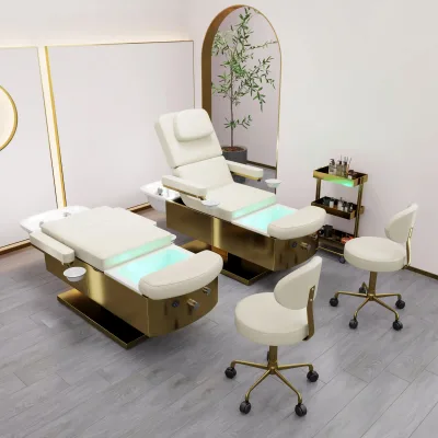 Best Price Customizable Golden Base Electric Hair Washing Head Electric Eyelash Facial Bed Beauty Spa Salon Massage Shampoo Bed