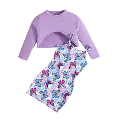 Good Price Long Sleeve Top Sleeveless butterfly Print Dress 2 Pieces Fashion Newborn Baby Girl Clothes Set