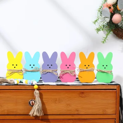 6 PCS Wooden Peeps Bunny Sign Wood Easter Bunny Decor for Spring Home Shelf Mantel Fireplace Table Windowsill Party Decorations