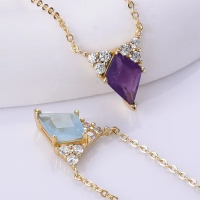 18k Gold Plated 925 Sterling Silver Kite Cutting Engagement Aquamarine Healing Crystal Necklace Set