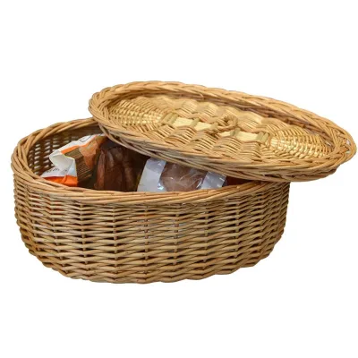 Handmade Woven Oval Willow Wicker Decorative Food Storage Basket Hamper with Cover for Kitchen & Bathroom Wholesale Available