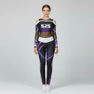 Wholesale Custom Female Cheerleading Uniform Set Printed Polyester and Spandex Top with Rhinestones OEM Design Leggings