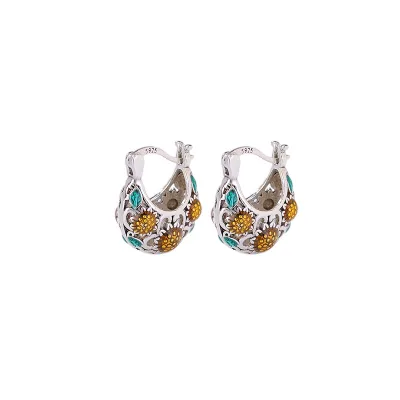 BOCAI S925 Sterling Silver Clip-on Earrings Hollow Daisy Flower Basket Design with Enamel Ethnic Style Fine Jewelry for Women