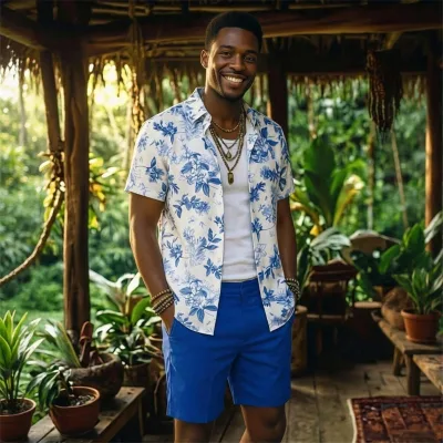 Men's Vacation Matching Shirt and Shorts Set Floral Print Carnival Party Outfit Factory Price Custom MOQ Supplier for Bulk Order