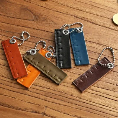 Genuine Leather Ruler Keychain Cowhide Leather Bag Pendant Charm Portable Ruler Keyring