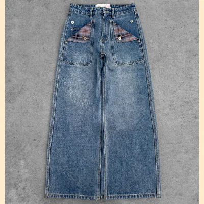 Wide Leg Jeans, Plaid Flap Patch Pocket Jeans, Y2k Baggy Denim Pants, Vintage Washed Cargo Jeans
