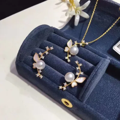 Two Piece Set of Natural Freshwater Pearl Pendant Necklace Earrings Set with Inlaid Shell and Leaf Jewelry for Innocent Girls