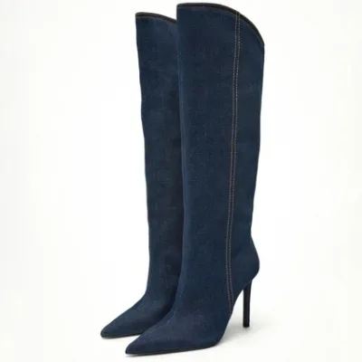Women Knee High Boots in Blue Denim with PU Lining and Rubber Outsole Pointed Toe Stiletto Heel for Adult Women All Season Wear