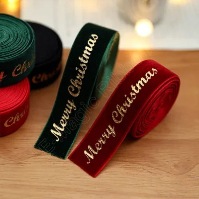 E-Magic Premium Velvet Ribbon Custom Gold Printed Merry Christmas Holiday Gift Packing Party Decoration