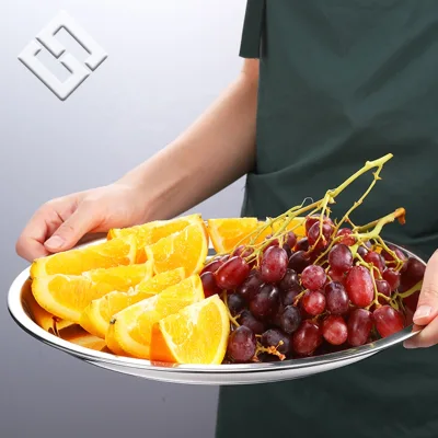 Customized Logo Stainless Steel Flat Bottom Tray Luxurious Heavy Extra Thick Plate Dishes Convex Design Polished Technique Free