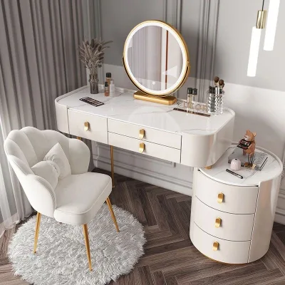 Makeup Vanity Set with LED Mirror White Marble Top MDF Storage Drawers and Gold Legs for Bedroom Dressing Table Schminktisch