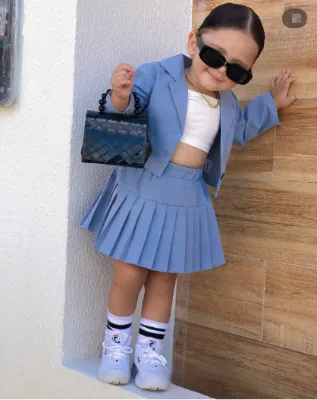HANO Baby Girls Formal Single Breasted Lapel Jacket Blazer Suit+A-Line Pleated Skirt 3pcs Sets Ruffle Autumn Suit Fall Children
