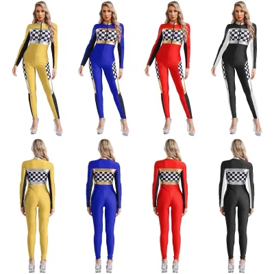 Womens Sexy Racing Competition Cheerleading Uniforms Design Jumpsuit Long Sleeve Long Pants Racer Driver Bodysuit