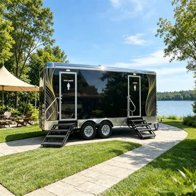 Modern Portable Toilet Restroom Luxury Trailer Multiple Stalls Eco-Friendly Durable Water Flush WC Cabin Wheels Made Steel