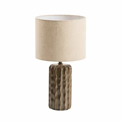 Reactive Glaze Ripple Ceramic Table Lamp Olive Grey Wavy Texture Cylinder Base Linen Drum Shade Wabi-Sabi Nordic Decor E27
