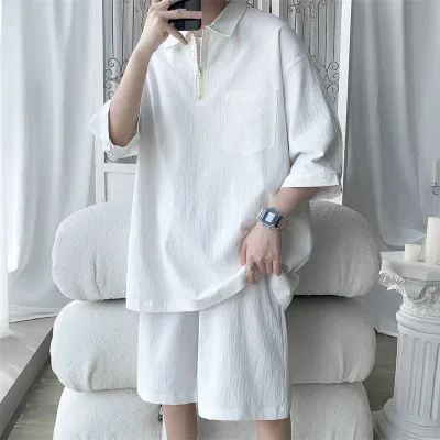 Summer Ice Silk Half-zip Polo Collar T-shirt and Shorts Casual Set Men's Loose Plus Size Lapel Short Sleeve Men's