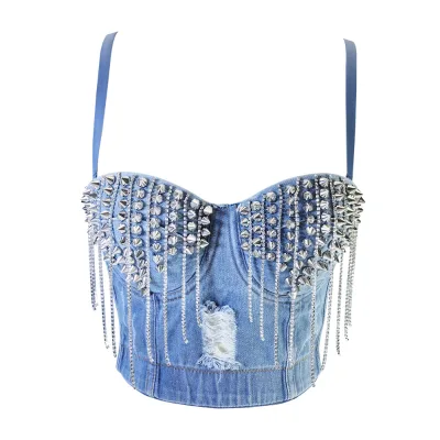 Ripped Denim Corset Outerwear Strapless Diamond & Bead Studded Tassel Suspender Summer Sexy Washed Breathable Quick Dry