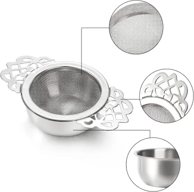 Mesh Tea Filter Strainers, Stainless Metal Tea Infuser, Tea Steeper with Handle and Drip Bowl for Loose Tea, Sliver, 2.5 Inch