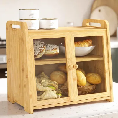 Bamboo Wooden 2 Tier Bread Box Rread Box for Kitchen Countertop Wooden Bread Storage Container 2 Layer Breadbox