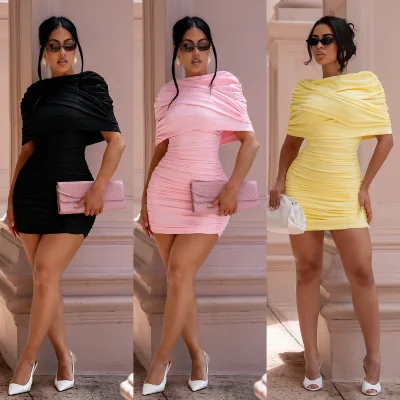 New Arrived Fashion Off Shoulder Draped Mini Dress Full Ruched Bodycon Stretch Satin Club Party Cocktail Dress