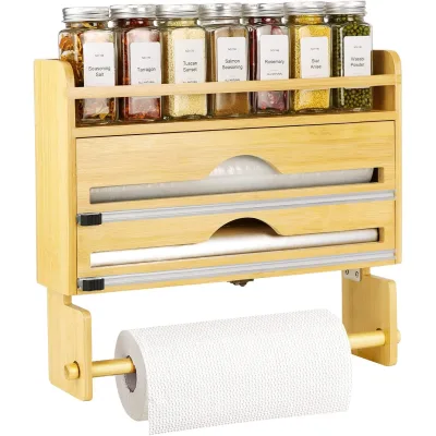 Bamboo 4 in 1 Foil and Plastic Wrap Organizer with Cutter Kitchen Paper Towel Holder Wall-Mounted Dispenser Spice Jars Organizer