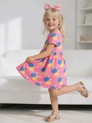 OEM Lovely Color Block Apple Pattern Children Dress Elastic Gathered Waist Wavy Edge Short Sleeve Home & Outdoor Dress