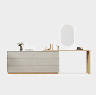 Simple Vanity Desk with 6 Drawers Dressing Table with Movable Telescopic Mobile Cabinet Nightstand Modern L-Shape Vanity Table