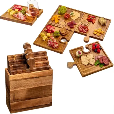 Wooden Jigsaw Plate Set Jigsaw Plate Tray Made of Natural Solid Wood with Glass Holder Party with Heat Insulation Pad