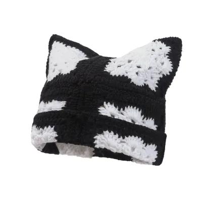 Autumn and Winter Cute Cat Ear Cold Hat Handmade Crocheted Wool Warm Pullover Hat