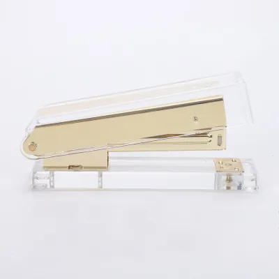 New Fashion Light Gold Stapler Office Desktop Stationery Manual Book Binding Machine Clear Acrylic Plastic Cover Printed Metal