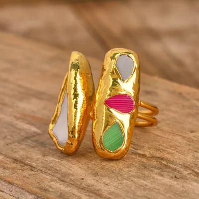 Natural Keshi Pearl and Rainbow Agate Rings Gold Plated Copper Fashion Jewelry
