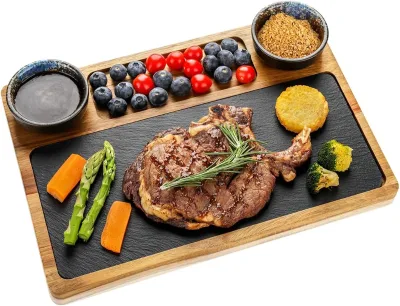 Slate Plate, Serving Plate for Steak, for Grill Tableware, Slate Plate, Serving Plate Made of Acacia Wood with 2 Dipping Bowls