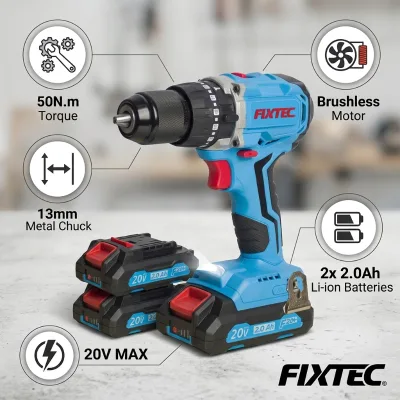 Professional 20V Brushless Power Drill 13mm 50N.m Electric Cordless Impact Drill with 2x2000mah Li-ion Battery &1Hr Fast Charger
