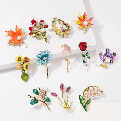 Women Dress Plant Flower Enamel Brooch Retro Maple Leaf Daisy Flower Basket Bell Orchid Rose Lapel Pins Suit Brooch